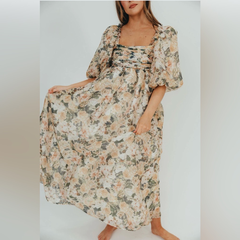 Worth Collective-Melody Maxi Dress Bow Detail in Champagne Floral